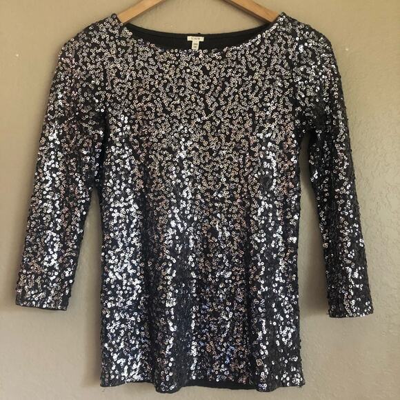J. Crew Sequin Dark Gray Top Blouse XXS Oversized Holiday Glam NYE Party - Picture 1 of 6